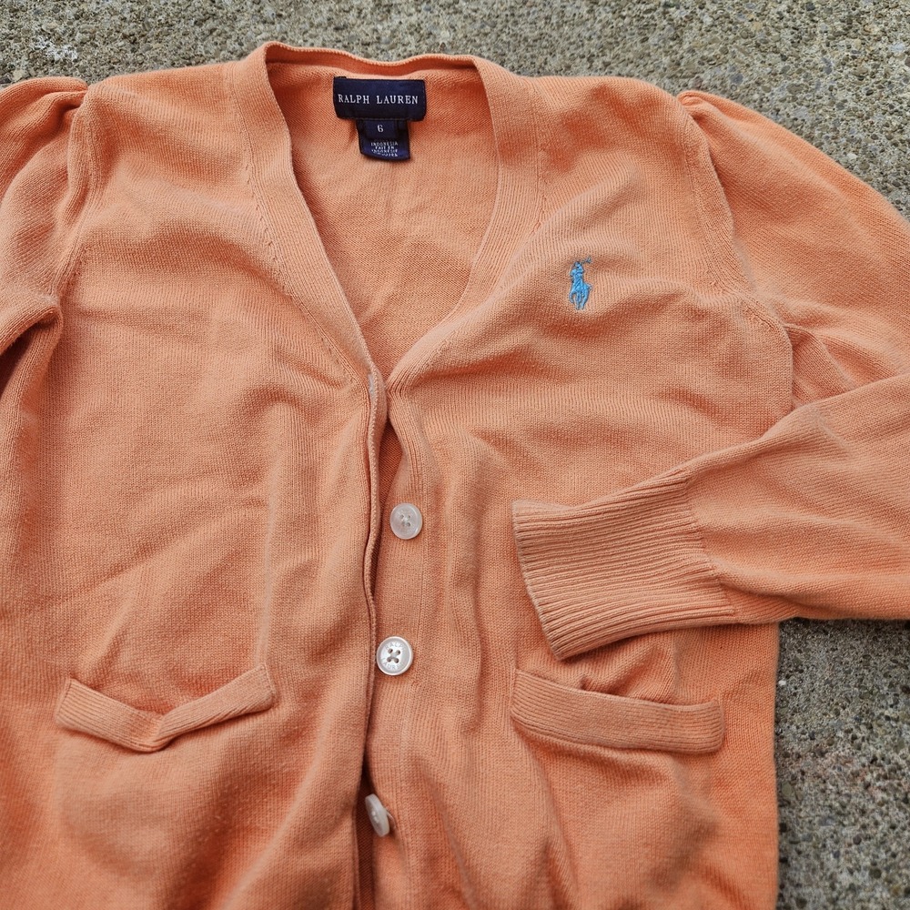 Polo Ralph Lauren Girls Size 6 Orange Peach Button Cardigan Sweater Knit‎ Pony